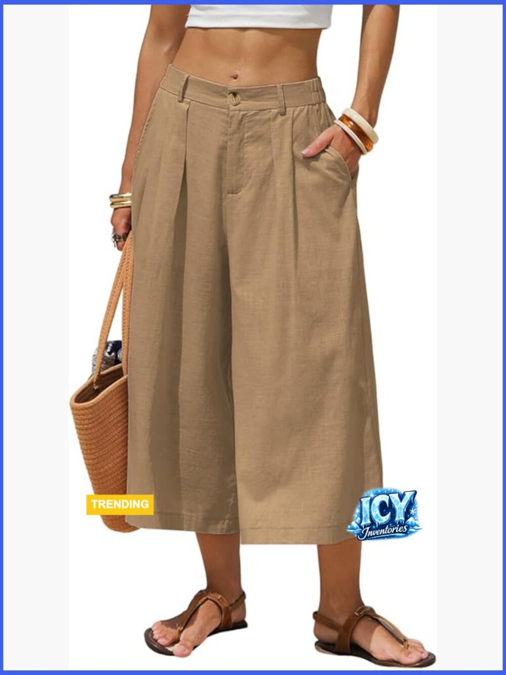 Linen Blend Capri Pants Wide Leg Palazzo Cotton Dressy Casual Gaucho with